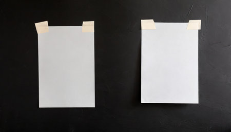 two sheets of paper taped to a black wallの素材