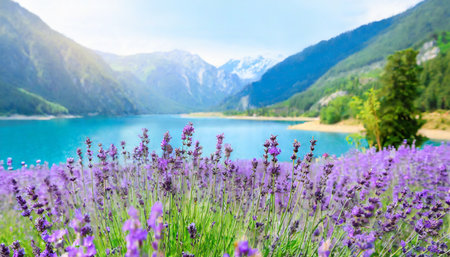 field of lavender flowers blooming in front of a mountain lakeの素材