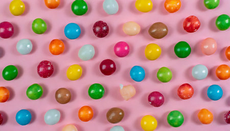 colorful round candy sweets pattern on a pink background viewed from above top viewの素材