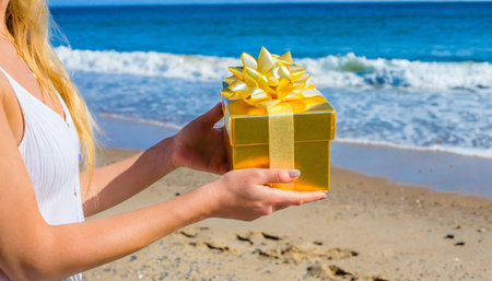 women s hands holding a gold gift box with a bow on a sandy beach near the oceanの素材