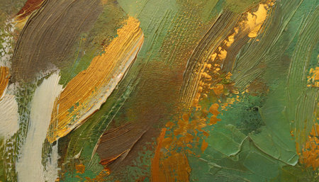art oil and acrylic smear blot canvas painting abstract green brown gold color stain brushstroke texture backgroundの素材