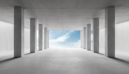 abstract empty modern concrete room with rows of pillars ceiling sky opening in the center and rough floor industrial interior background templateの素材