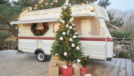 festive trailer christmas yuletide tree backdrop for camper van mobile home and terrace celebrations during winter holidays and new year s day in the campの素材