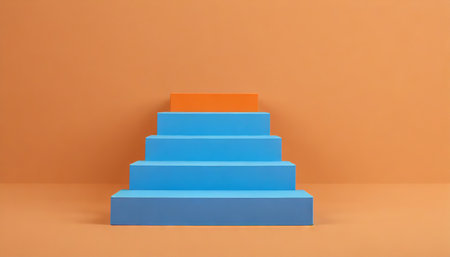blue stairs leading to orange top step success top level or career minimal modern conceptの素材