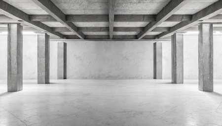 abstract empty modern concrete room with ceiling beams pillars and rough floor industrial interior background templateの素材