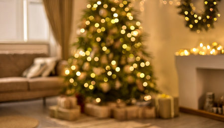 beautiful blurred interior of a living room decorated for christmas in warm cozy brown tones christmas tree lights and gifts out of focusの素材