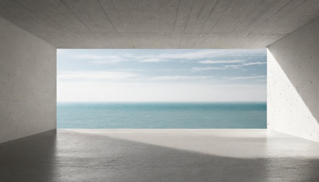 abstract empty modern concrete room with wall openings rough floor and ocean view industrial interior background templateの素材