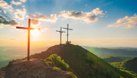 three crosses on the top of the mountainの素材