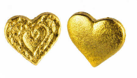 two gold hearts of different sizes of uneven shape isolated onの素材
