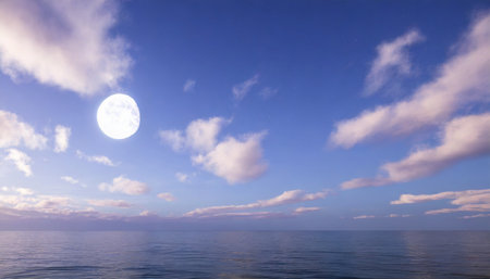 night sky with moon and clouds over the oceanの素材