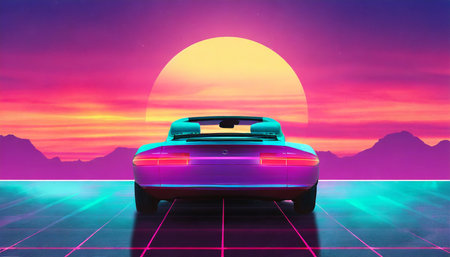 retro futuristic back side view 80s supercar on trendy synthwave vaporwave cyberpunk sunset background back to 80 s conceptの素材