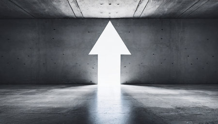 abstract empty modern concrete room with arrow opening backlit from above and rough floor industrial interior background templateの素材