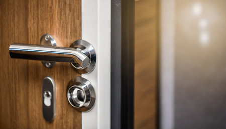 stainless steel door knob or handle with keyhole on wooden door wave style lever handle front door knob with lock modern interior design concept shallow depth of fieldの素材