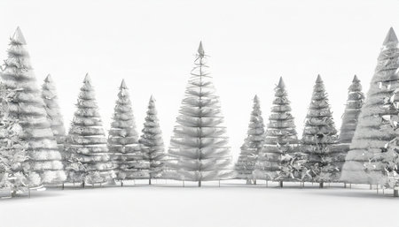silver colored merry christmas tree forest on white 3d renderingの素材