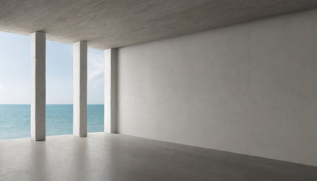 abstract empty modern concrete room with wall openings rough floor and ocean view industrial interior background templateの素材