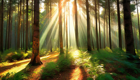sun rays in the forestの素材