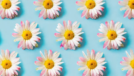 daisy pattern flat lay spring and summer flowers on a blue background repeat concept top viewの素材