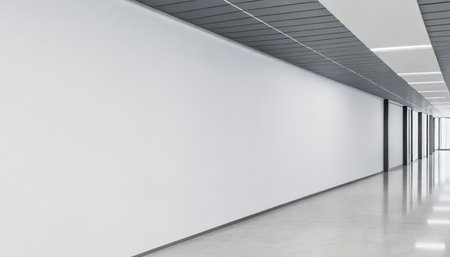 perspective view of blank light wall with place for poster or banner in a modern office corridor interior 3d rendering mockupの素材