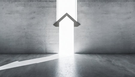 abstract empty modern concrete room with arrow opening backlit from above and rough floor industrial interior background templateの素材