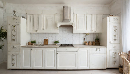 off white rustic kitchen cabinets front viewの素材