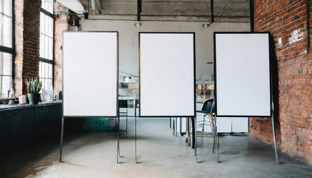 three blank white posters in a stylish loft interior harmoniously blending with the industrial aestheticの素材