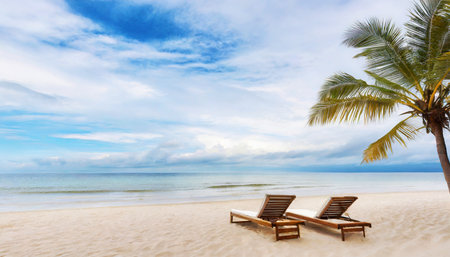 beach wave palm tree sand chair cloud skyの素材