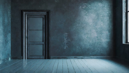 dark concrete walls room with old door 3d renderingの素材