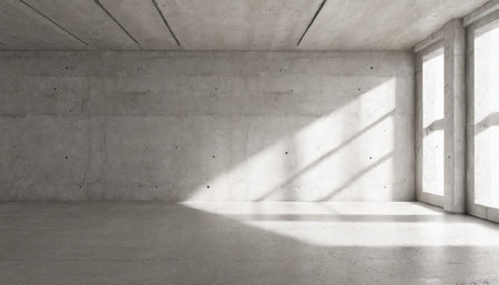 abstract empty modern concrete room with sunlight from wall openings and rough floor industrial interior background templateの素材