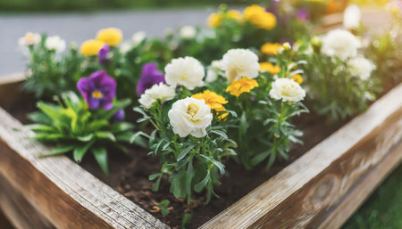 flowers in raised wooden bedの素材