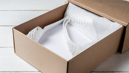 cardboard opened box with white wrapping paper horizontalの素材