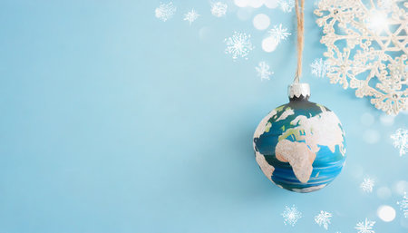 global peace on earth eco friendly christmas with globe ornament on blue backgroundの素材