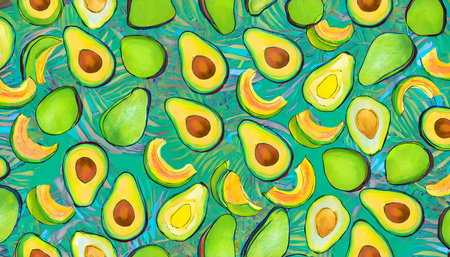 vibrant and abstract avocado pattern with fresh and colorful sliced avocados perfect for banners and wallpapers trendy exotic touch to any design ideal for diet vegan or healthy lifestylesの素材