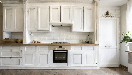 off white rustic kitchen cabinets front viewの素材