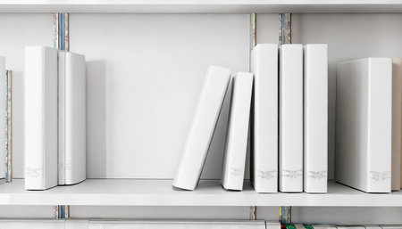 white books mockup in bookshelf 3d renderingの素材
