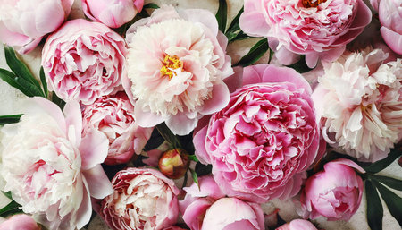 pink peony flowers pattern viewed from above flower background top viewの素材