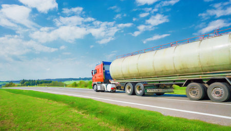 large tanker truck hauling on highwayの素材
