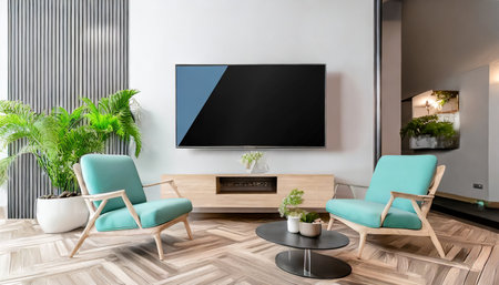 smart tv mockup with blank screen hanging on the wall in modern living room 3d renderingの素材