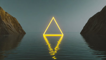 3d render seascape with cliffs water reflections and yellow neon triangle sacred geometry concept modern minimal abstract background spiritual zenの素材