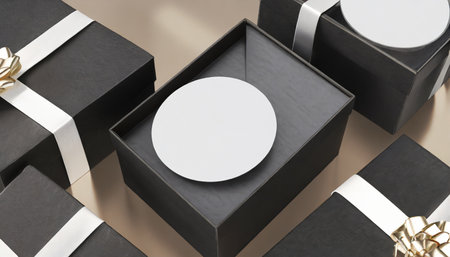 opened black boxes with white wrapping paper and circle label 3d renderingの素材