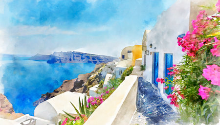 watercolor painting depicting the idyllic streets of santorini greece with provence inspired architectureの素材
