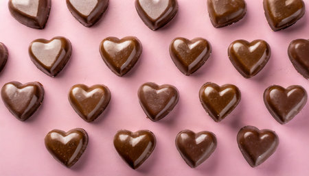 heart shapes pattern on a pink background viewed from above top view of a chocolate candy heartsの素材