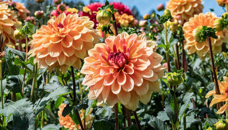 orange dahlias blooming in botanical gardenの素材