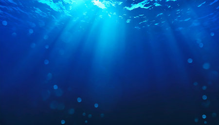 illustration of mystery underwater of sea or ocean with sunlight rays for background with copyspace keep the ocean clean conceptの素材