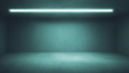 empty modern abstract concrete room with fluorescent neon tube ceiling lights product presentation template backgroundの素材