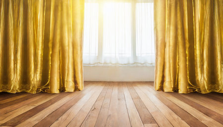 gold curtains and wooden floorの素材