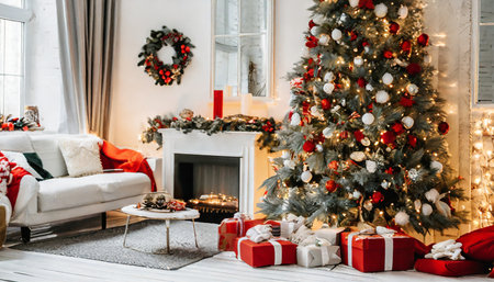festive evergreen adorns lavish living space for magical christmas morningの素材