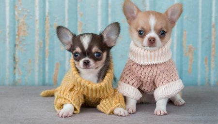 two chihuahua puppies in cute knitted clothesの素材