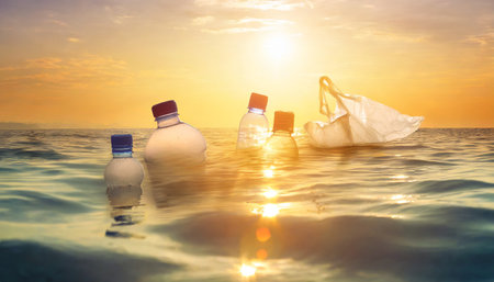 creative background of pet plastic bottles and single use plastic bags floating in sea or ocean at sunset with rays of sunlight effect polyethylene terephthalate plastic environmental pollutionの素材