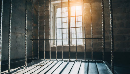 prison cell with light shining through a barred windowの素材