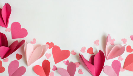 pink and red paper cut hearts on a white background for valentine s dayの素材